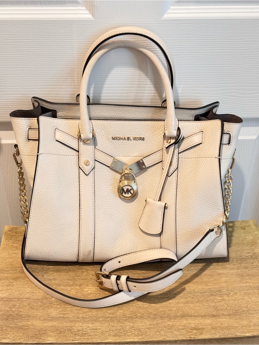 Michael Kors Cream Pebbled Leather Satchel with Gold Hardware